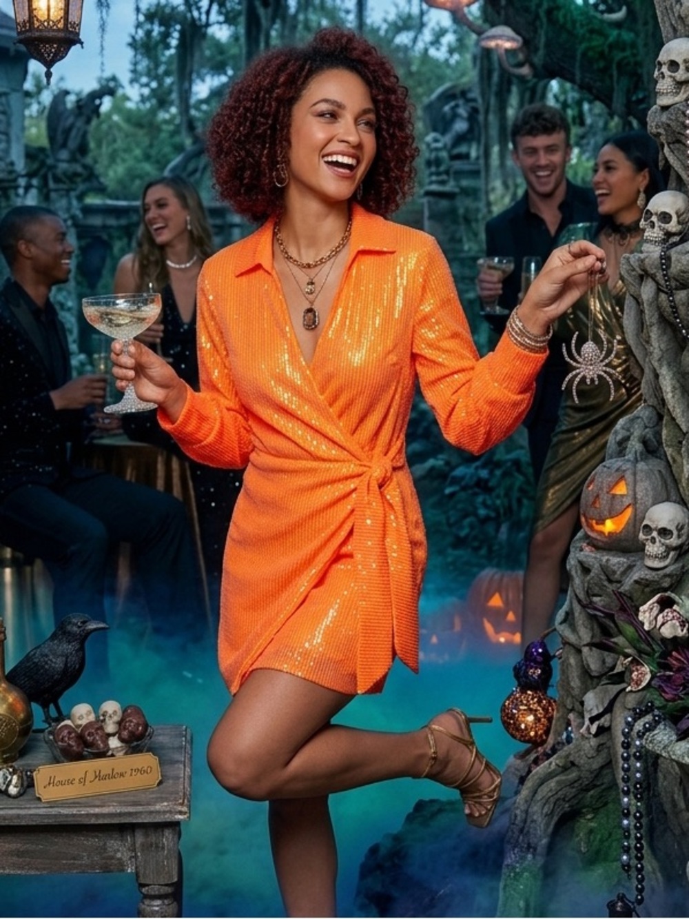 House of Harlow 1960 Orange Sequin Wrap Midi Dress
